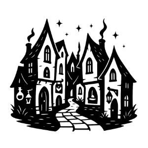 Logo Managasse Dunkle, stilisierte Häuser mit Schornsteinen und Gehweg in einem geheimnisvollen Setting.